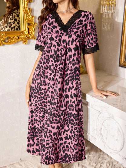 V-Neck Lace Trim Leopard Print Short Sleeve Women Nightgown