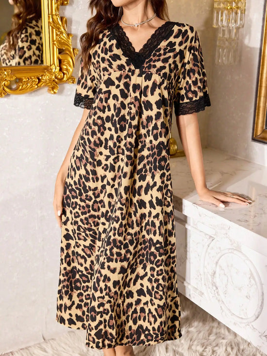 V-Neck Lace Trim Leopard Print Short Sleeve Women Nightgown